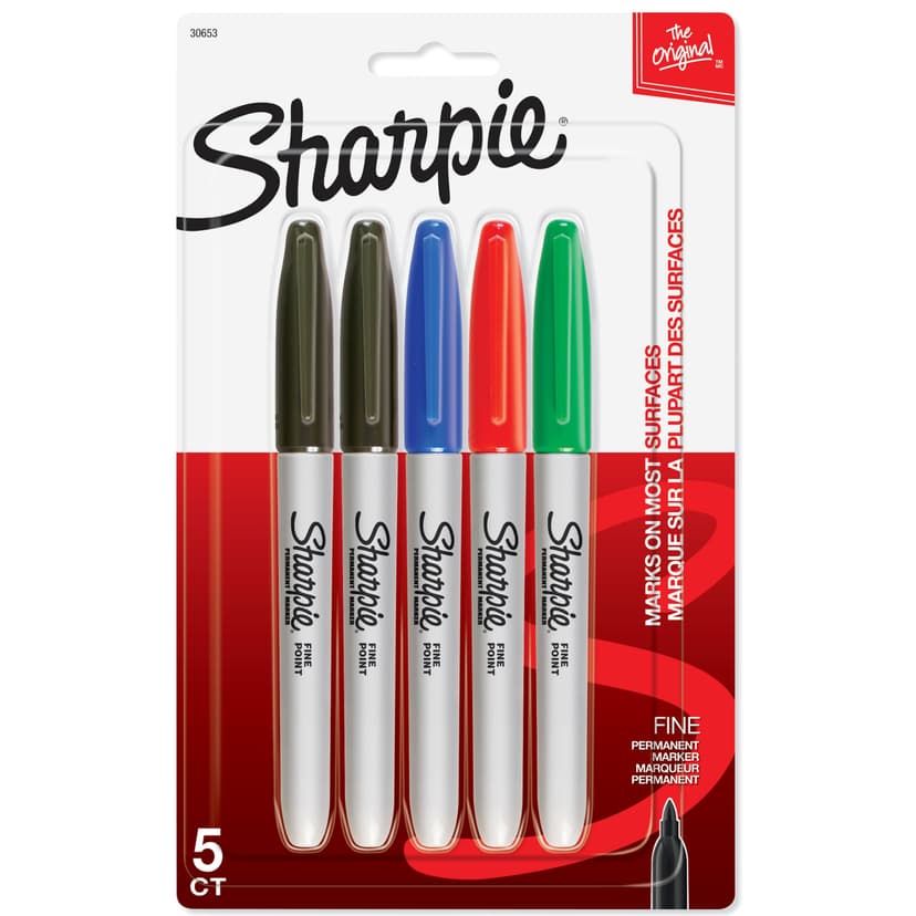 Sharpie Permanent Markers, Fine Point, Assorted Colours, 5-pk