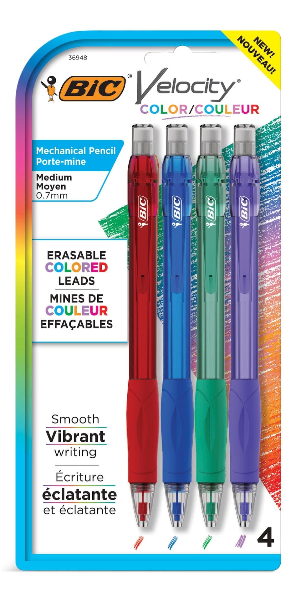 BIC Velocity Erasable Coloured Lead Medium 0.7mm Mechanical Pencils, 4-ct