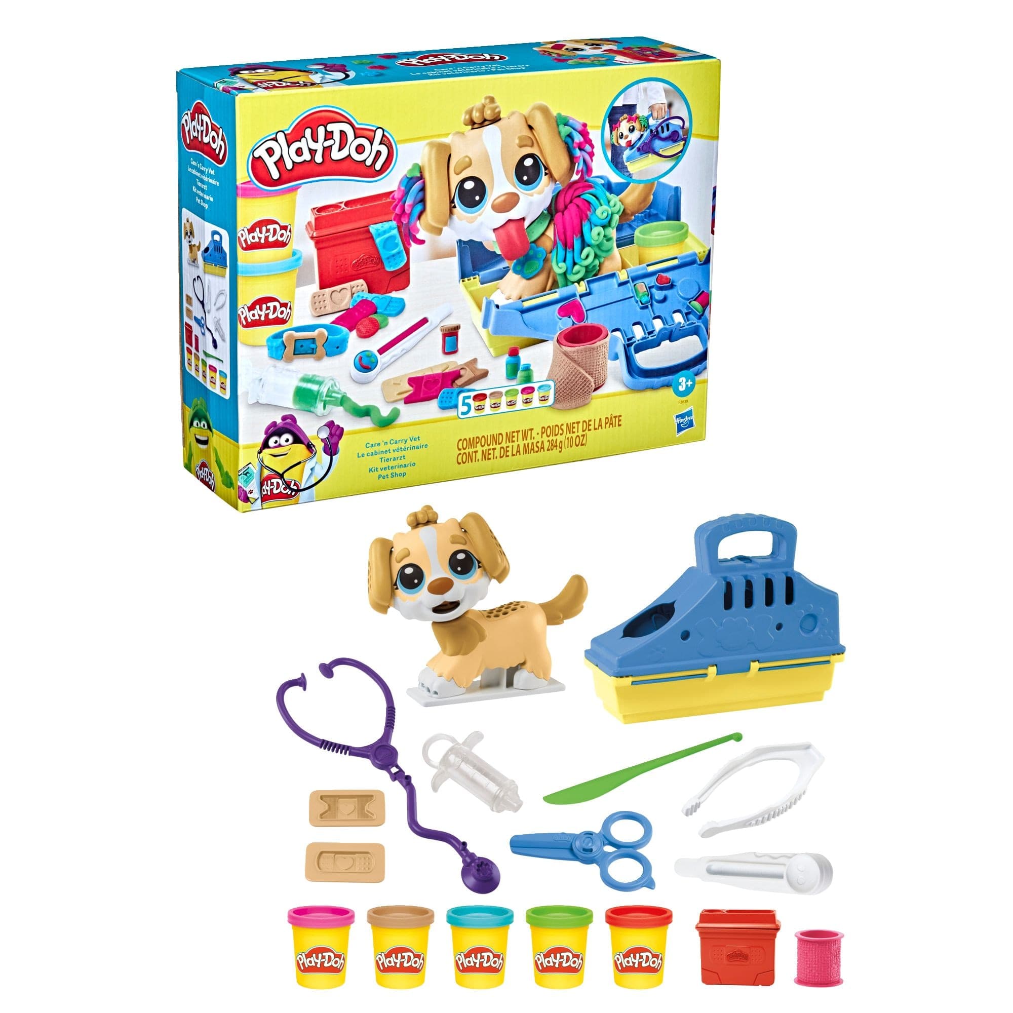 Play-Doh Care N' Carry Vet Playset, With Compound Cans, Non-Toxic, 10 oz, 5-pc, Ages 3+