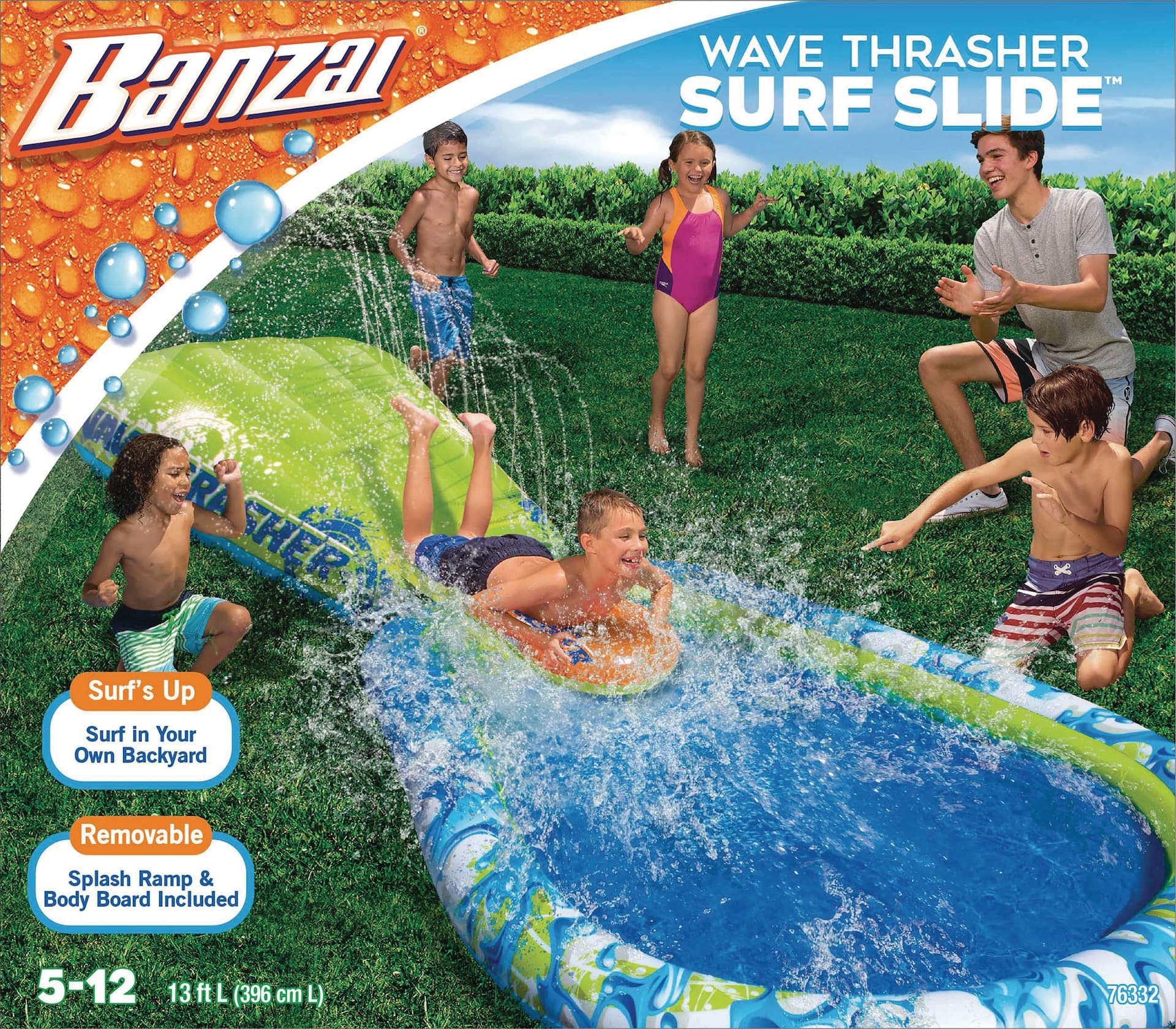 Wave Trasher Surf Water Slide with Body Board, Blue/Green, 13-ft, Ages 5+, for Beach/Pool Fun Activities