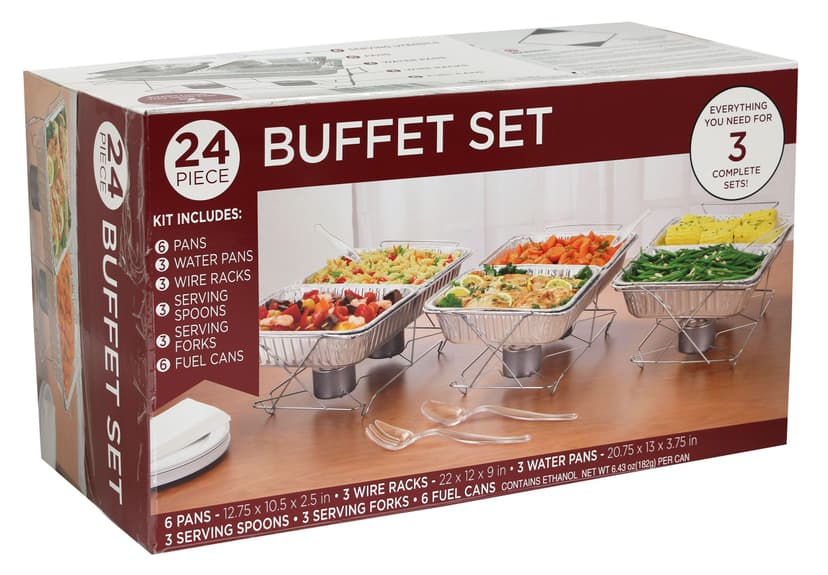 Rectangle Reusable Buffet Set with Pans, Wire Racks, Serving Spoons, Serving Forks & Fuel Cans, Silver, 24 pack, for Birthday/Wedding/Anniversary