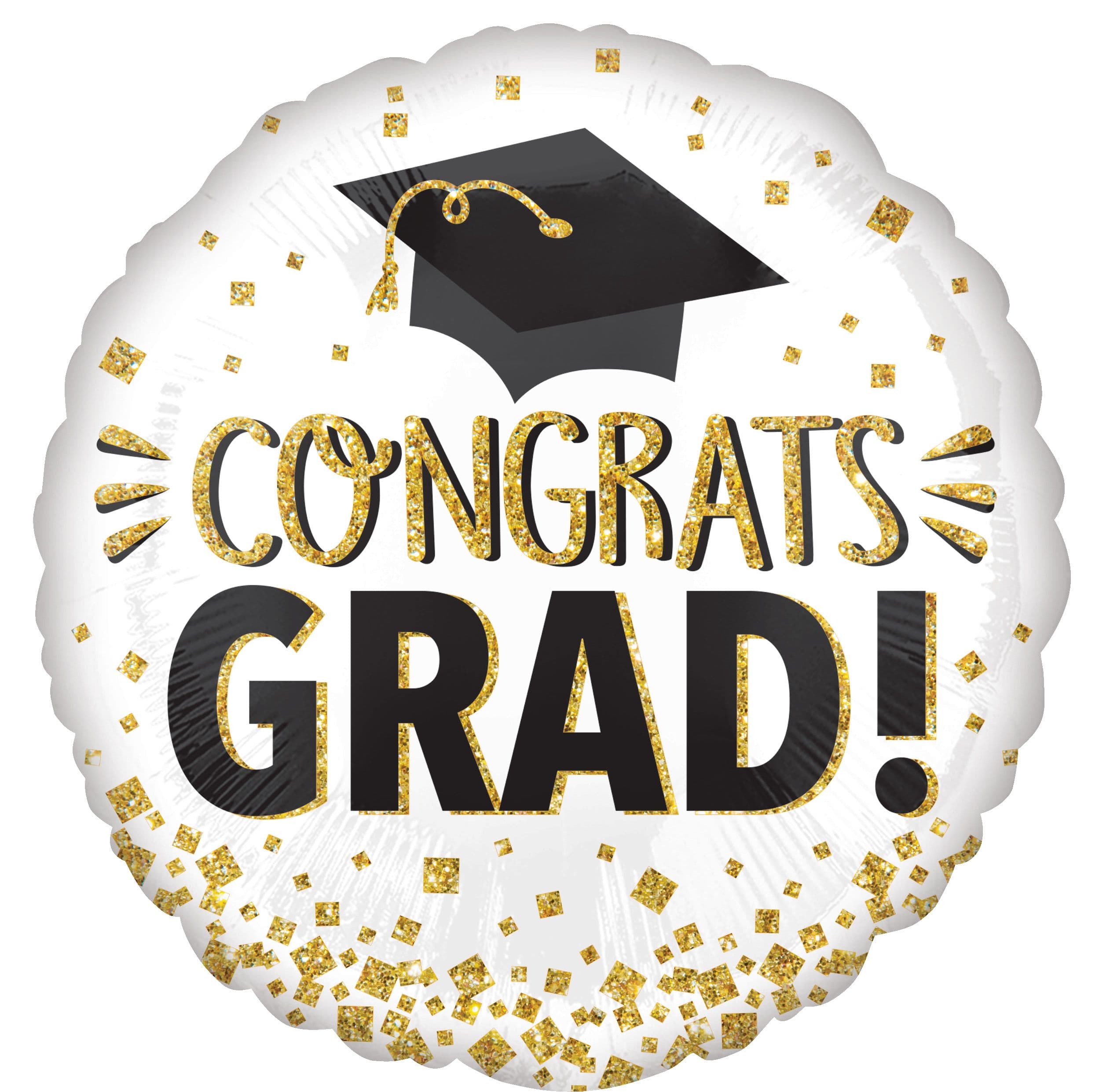 "Congrats Grad" Round Satin Foil Balloon, White/Gold/Black, 18-in, Helium Inflation & Ribbon Included for Graduation