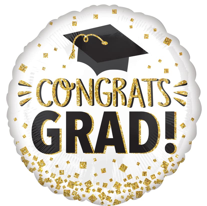 "Congrats Grad" Round Satin Foil Balloon, White/Gold/Black, 18-in, Helium Inflation & Ribbon Included for Graduation