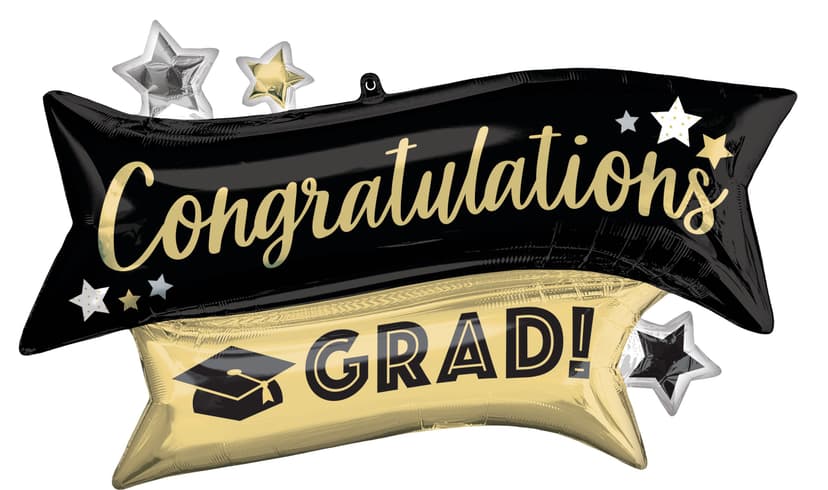 "Congratulations Grad" Rectangle Satin Foil Balloon, Black/Gold, 22-in, Helium Inflation & Ribbon Included for Graduation