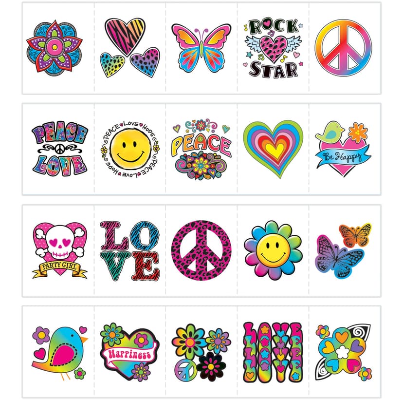 "Peace" and "Love" Wearable Temporary Tattoos, Multi-Coloured, 24-pk, for Birthday Party