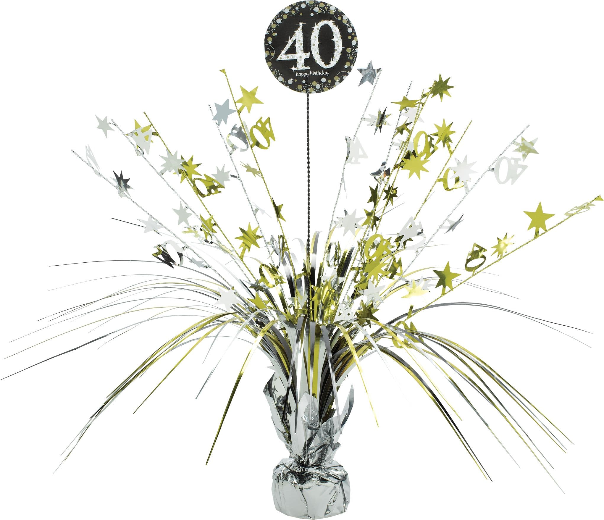 Sparkling Celebration "40 Happy Birthday" Metallic Tinsel Spray Burst Centerpiece Table Decoration, Black/Gold/Silver, 18-in, for Birthday Party
