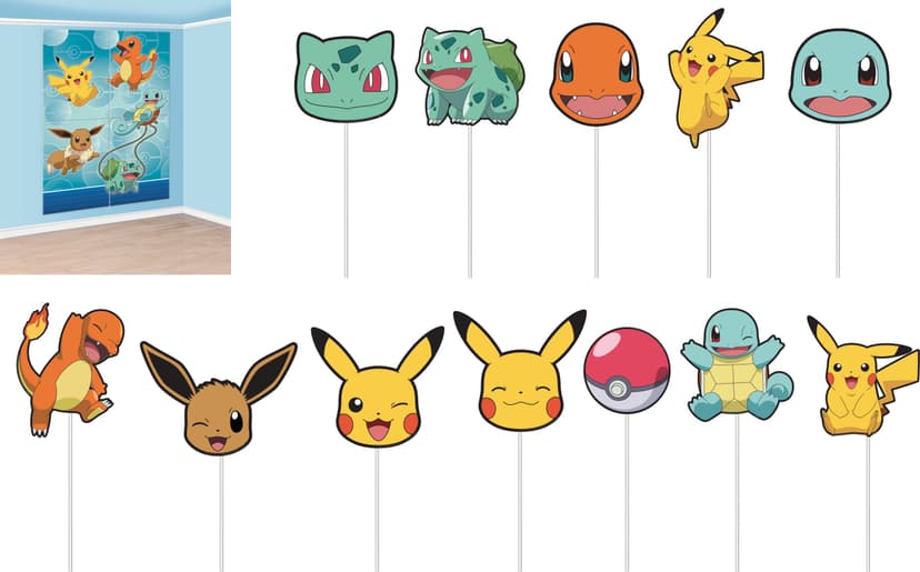 Nintendo Pokémon Plastic Scene Setter Background Decoration with Photo Booth Props, Blue/Yellow, 75-in, 16-pk, for Birthday Party