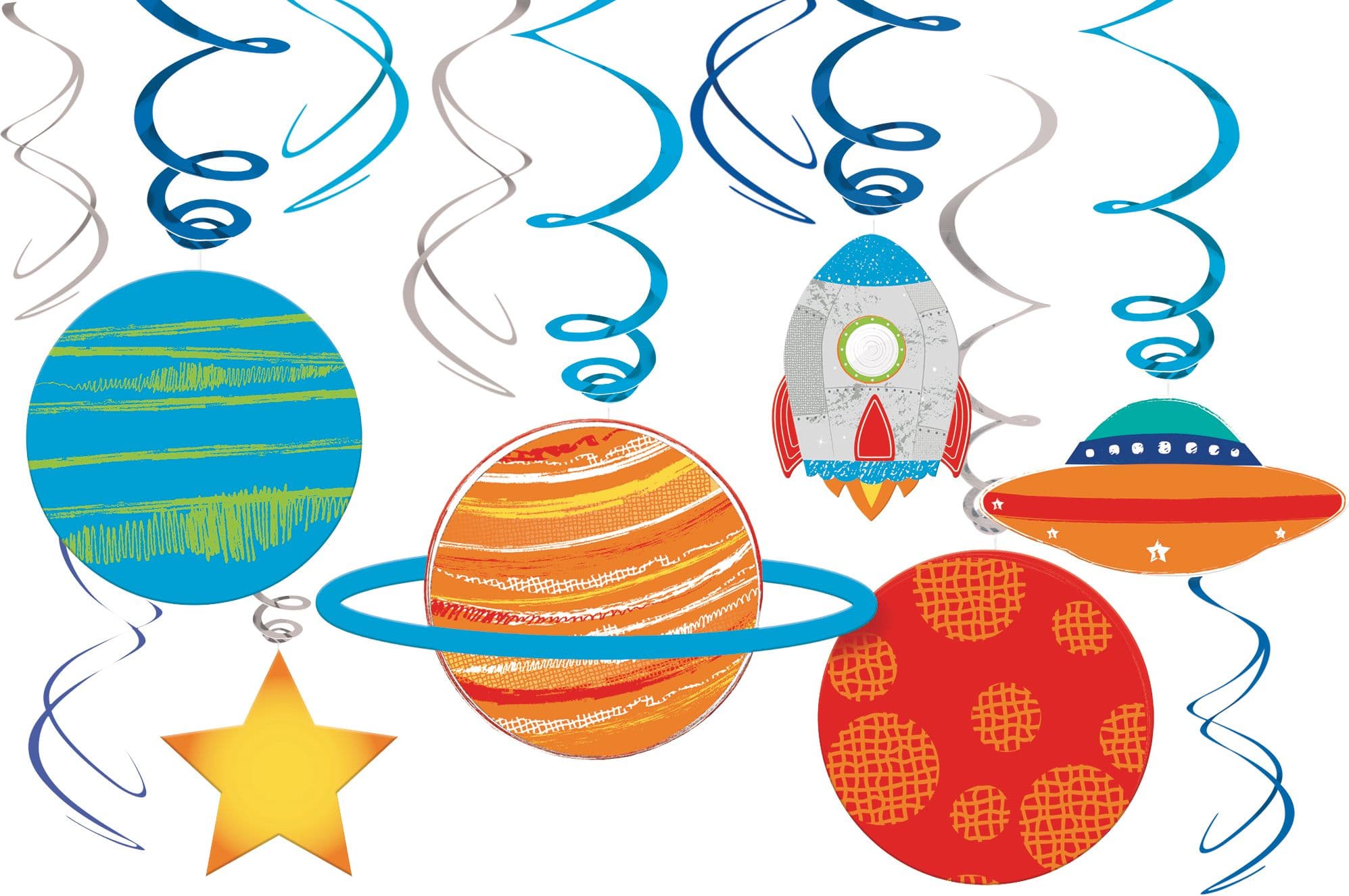 Blast Off Swirl Hanging Decorations, Blue/Orange, 10-in, 12-pk, for Birthday Party