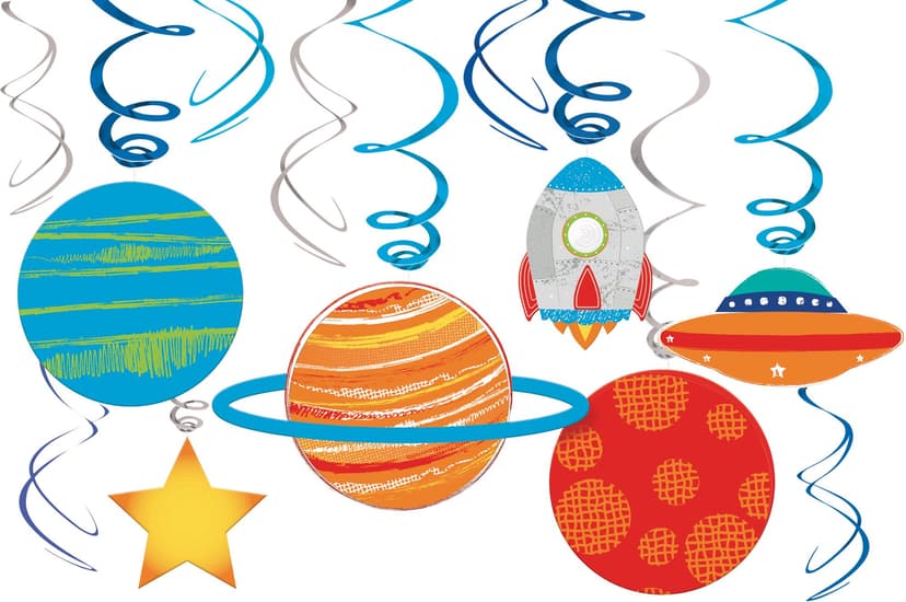 Blast Off Swirl Hanging Decorations, Blue/Orange, 10-in, 12-pk, for Birthday Party