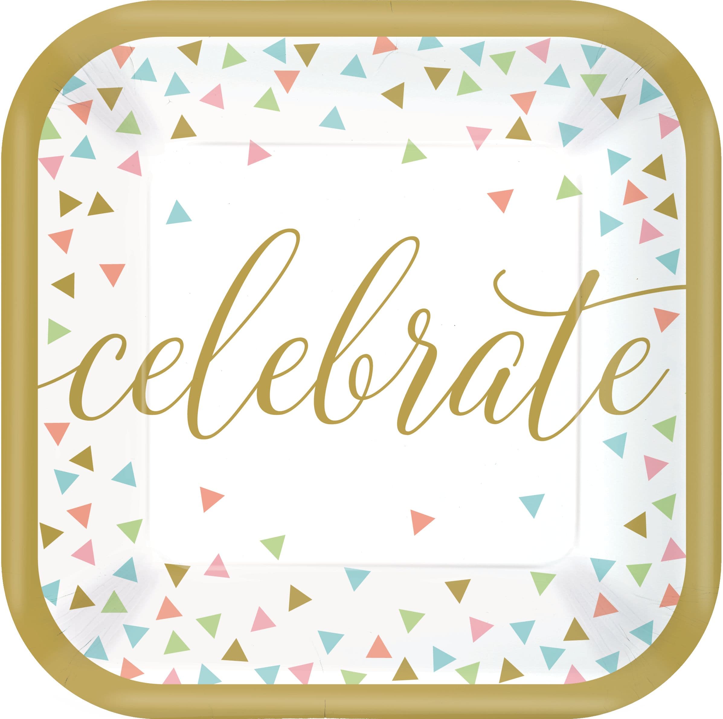 Confetti Fun "Celebrate" Square Paper Disposable Dessert Plates, Gold/White, 7-in, 18-pk, for Birthday Party