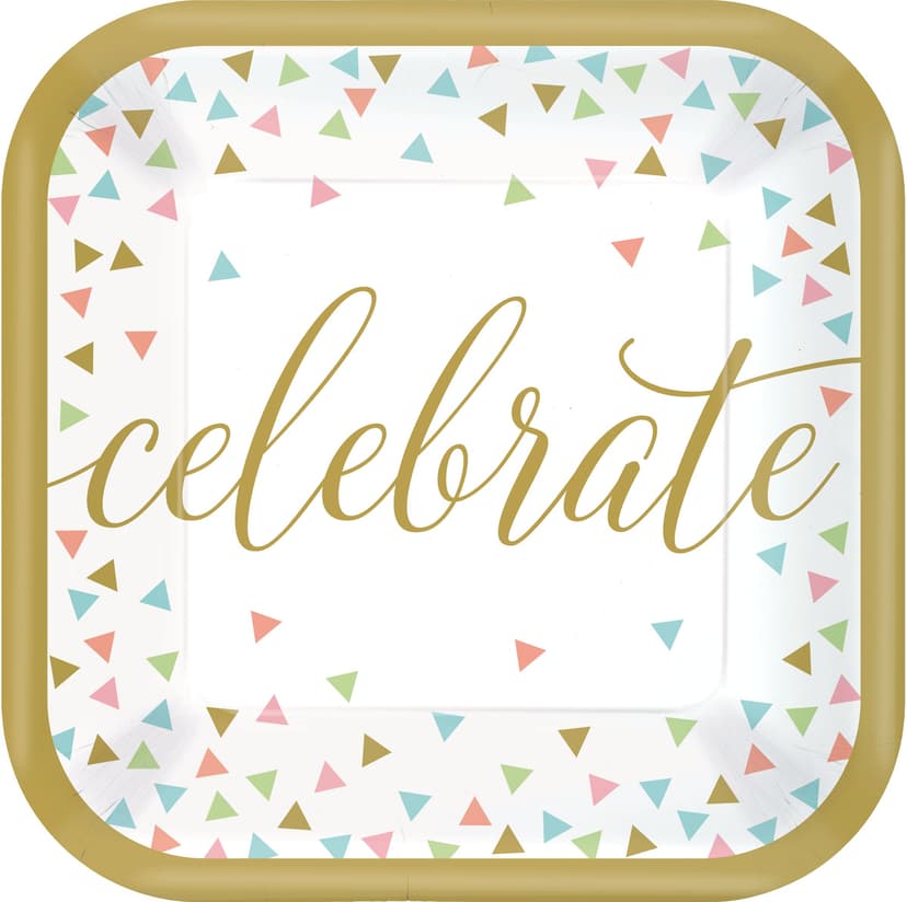 Confetti Fun "Celebrate" Square Paper Disposable Dessert Plates, Gold/White, 7-in, 18-pk, for Birthday Party