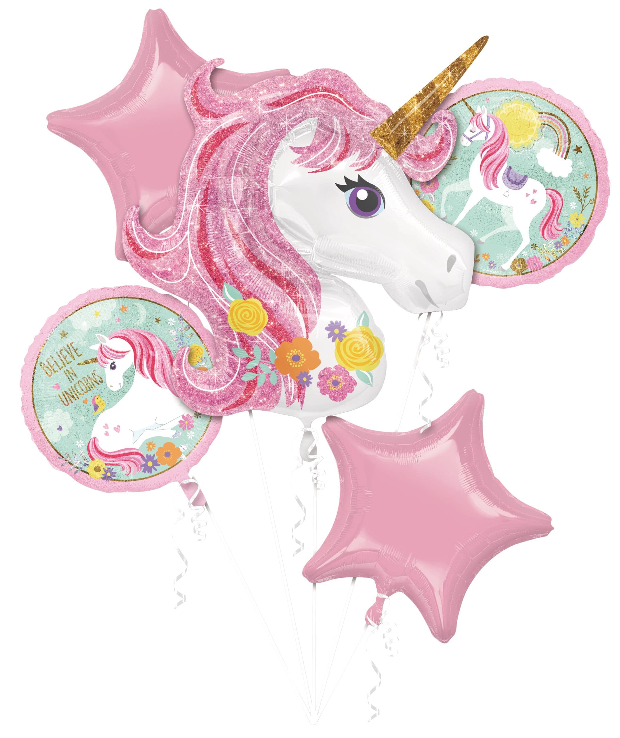 Anagram Int'l Inc. Unicorn "Believe in Unicorns" Star/Round Satin Foil Balloon Bouquet, Pink/White, 5-pk, Helium Inflation & Ribbon Included