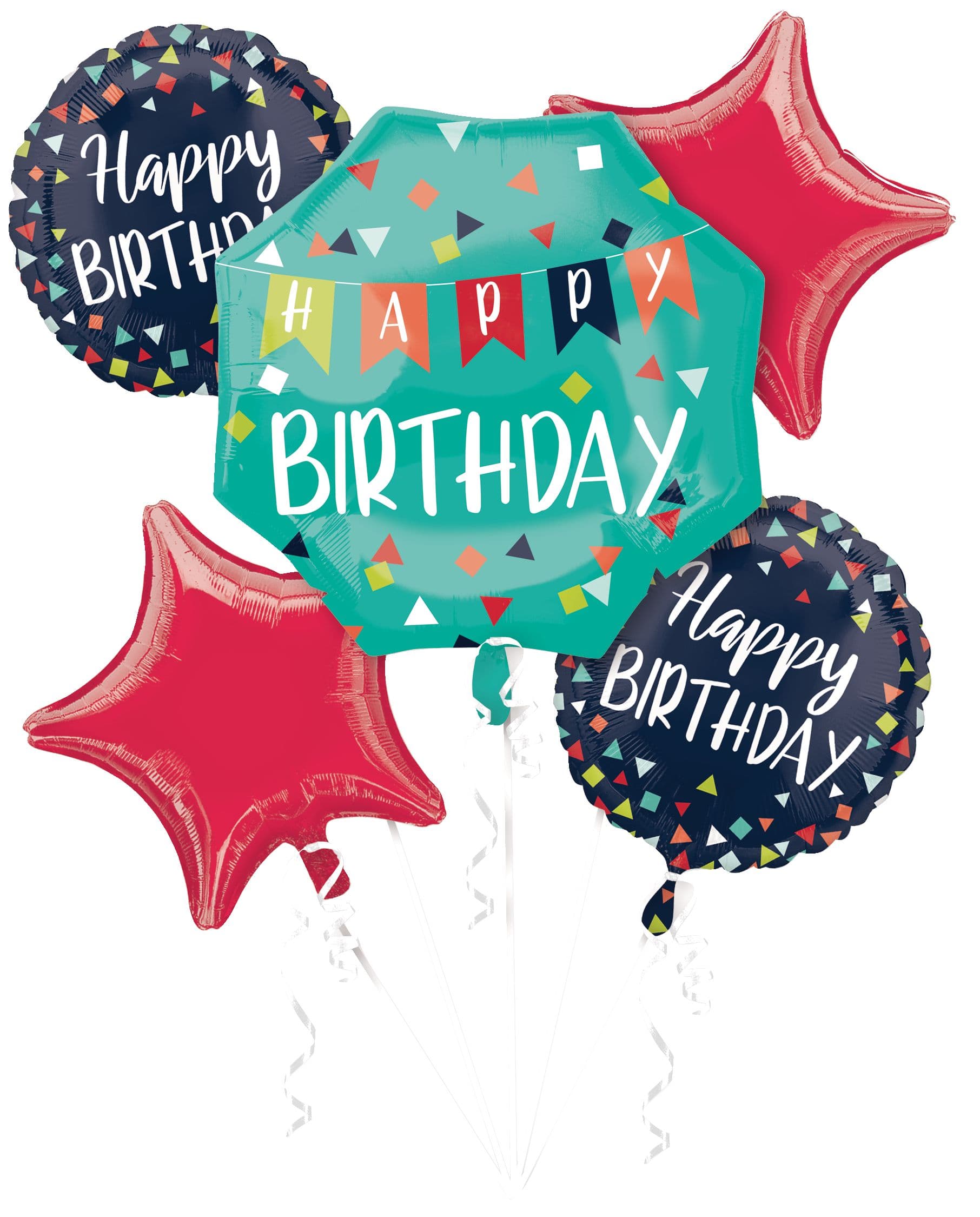 Anagram Int'l Inc. A Reason to Celebrate "Happy Birthday" Star/Round Satin Foil Balloon Bouquet, Blue/Red, 5-pk, Helium Inflation & Ribbon Included for Birthday Party