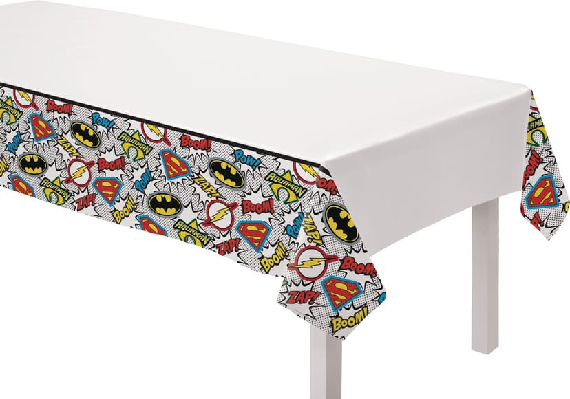 DC Justice League "Boom! Zap! Pow!" Rectangle Plastic Reusable Table Cover, Multi-Coloured, 54x96-in, for Birthday Party