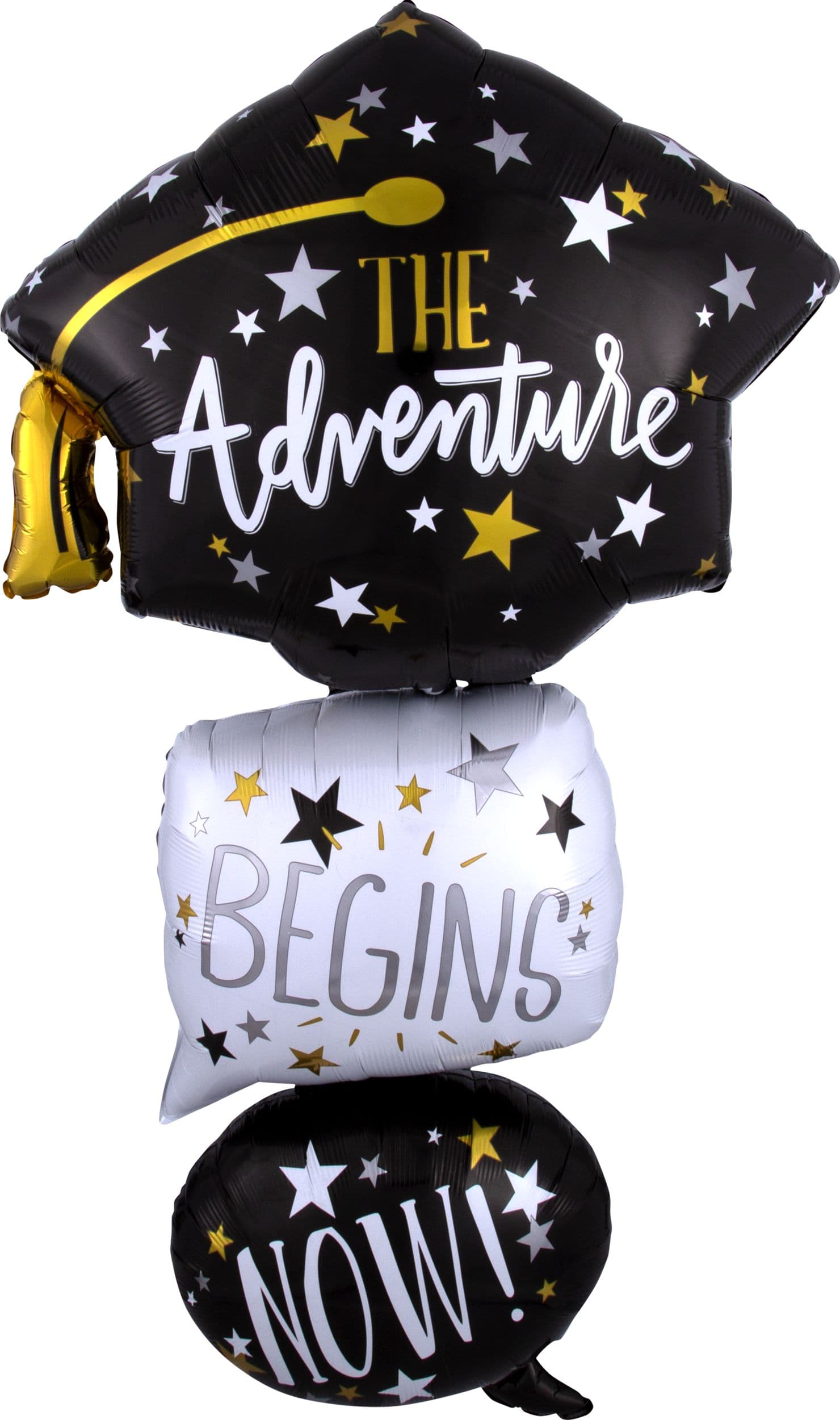 "The Adventure Begins Now" Graduation Cap Satin Stacked Foil Balloon, Black/White, Star, 61-in, Helium Inflation & Ribbon Included for Graduation