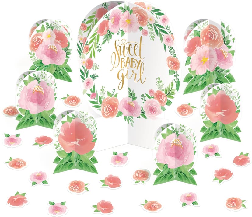Floral Baby "Sweet Baby Girl" Table Decorating Kit Centerpieces with Confetti, Pink/Green, 10-in, 27-pk, for Baby Shower