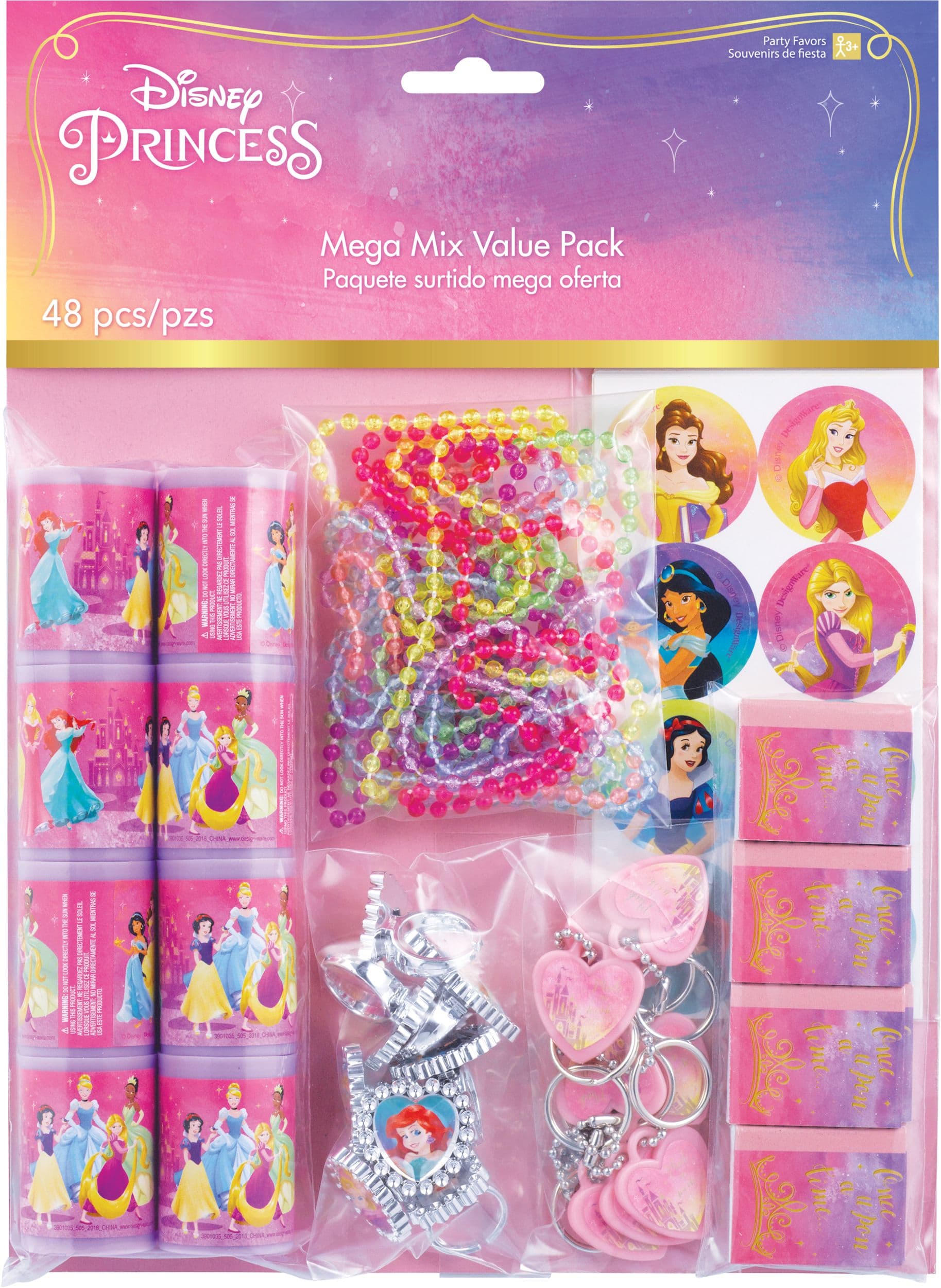 Disney Princess Once Upon A Time Ariel/Belle/Rapunzel Mega Mix Party Favour Pack, Pink, 48-pk, for Birthday/Party Favour