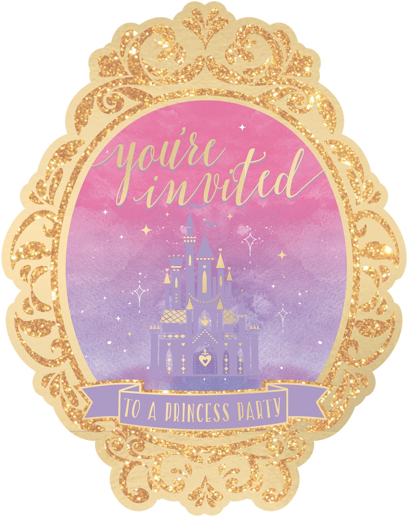 Disney Princess Once Upon A Time "You're Invited" Paper Party Invitations with Envelopes, Gold/Pink/Purple, 8-pk, for Birthday Party