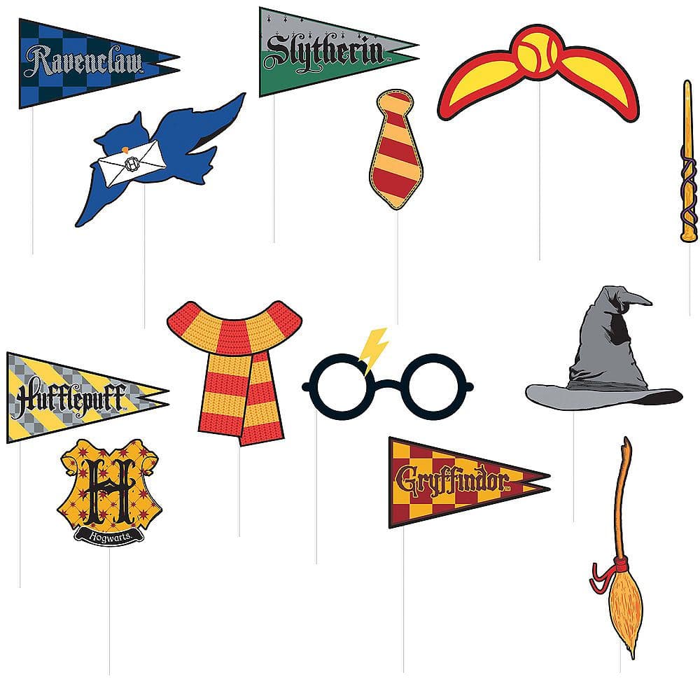 Harry Potter "Hogwarts" Plastic Scene Setter Background Decoration with Photo Booth Props, Red/Blue/Yellow, 59-in, 15-pk, for Birthday Party