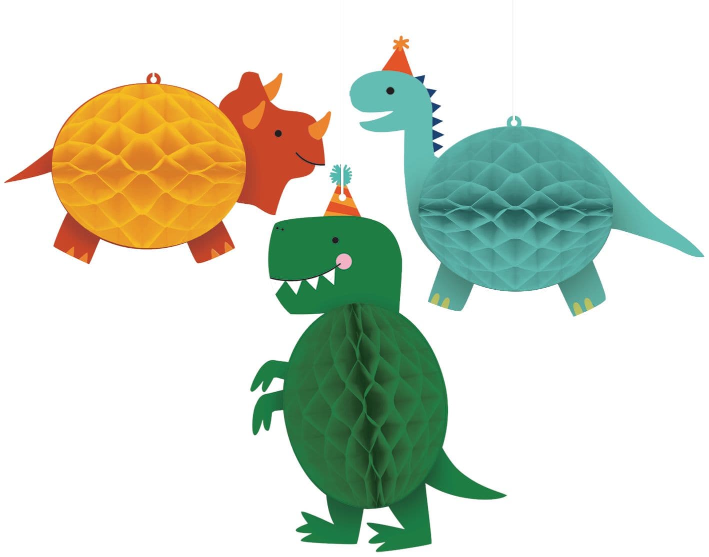 Dino-Mite Dinosaurs Honeycomb Hanging Decorations, Yellow/Green/Blue, 10-in, 3-pk, for Birthday Party