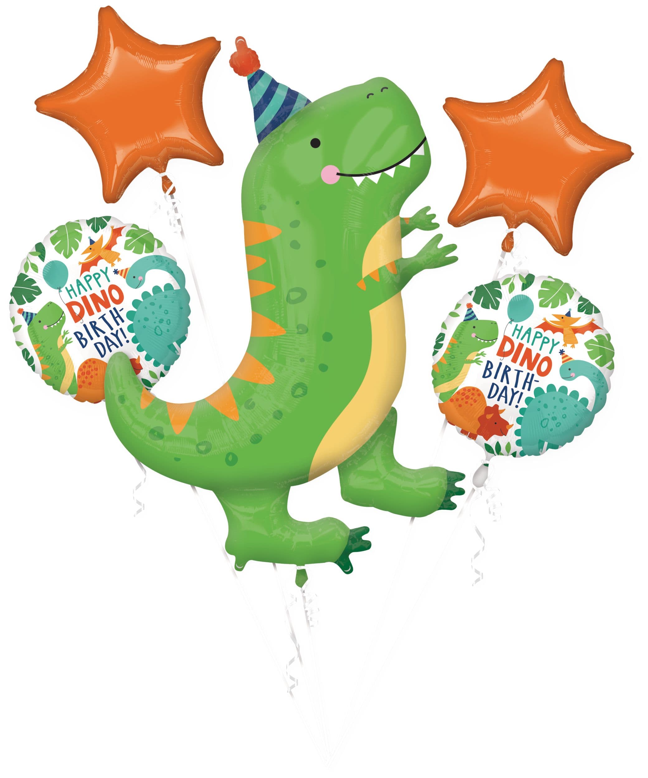 Dino-Mite "Happy Dino Birthday" Dinosaur/Star Foil Balloon Bouquet, 5-pk, Helium Inflation & Ribbon Included