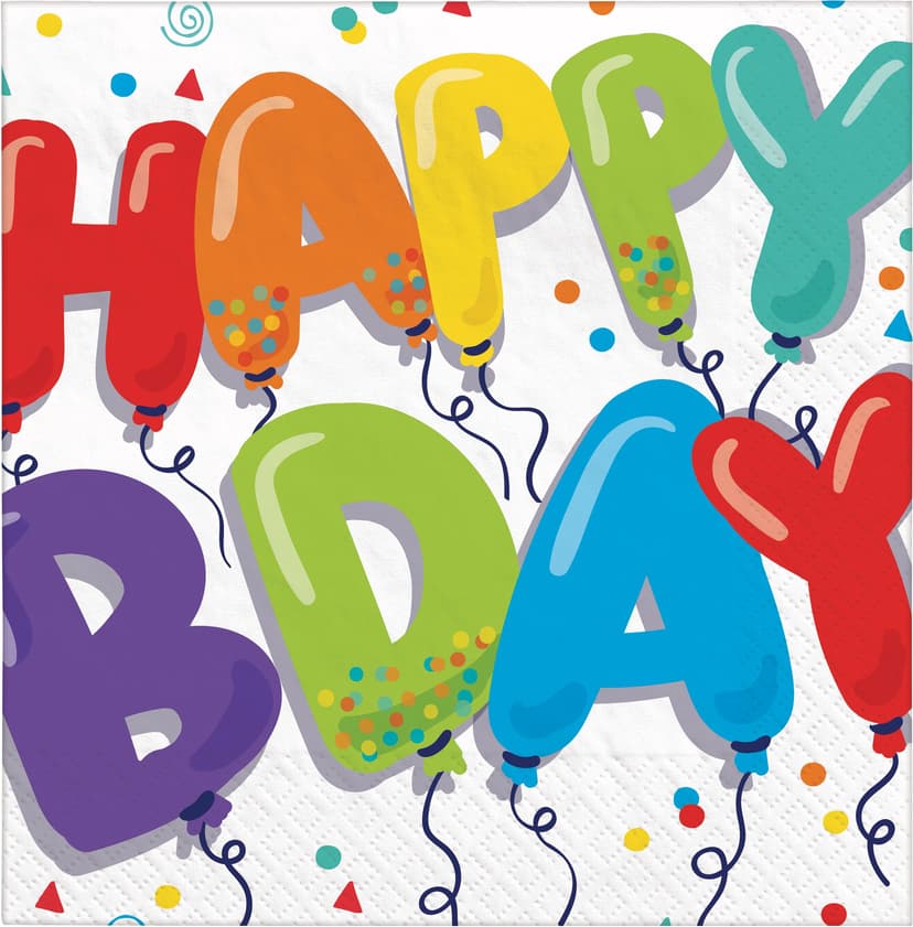Balloon Birthday "Happy Bday" Square Paper Disposable Lunch Napkins, Multi-Coloured, 6.5-in, 36-pk, 2-ply, for Birthday Party
