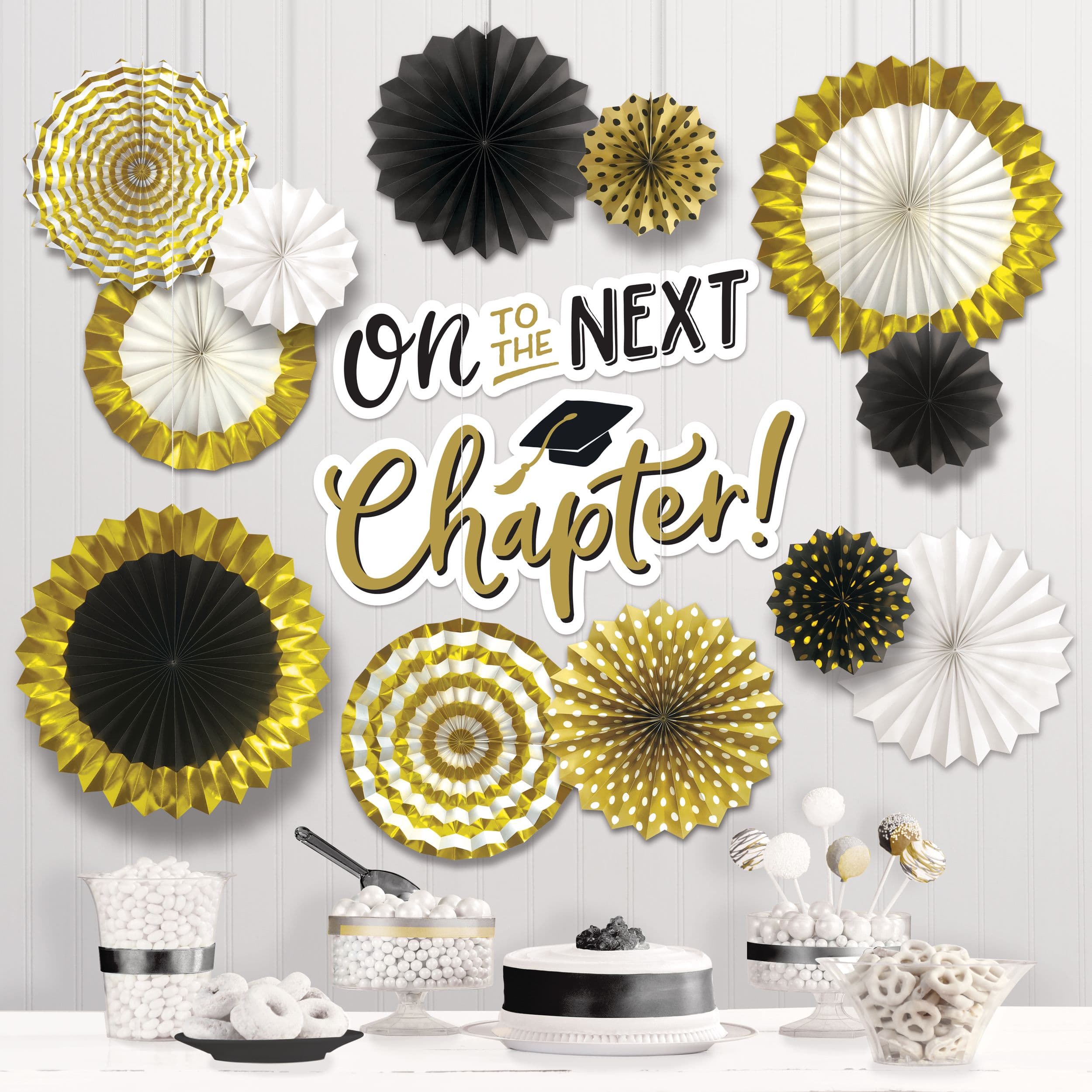 "On to the Next Chapter" Fan Hanging Sign Decorations, Gold/Black/White, 15-in, 14-pk, for Graduation
