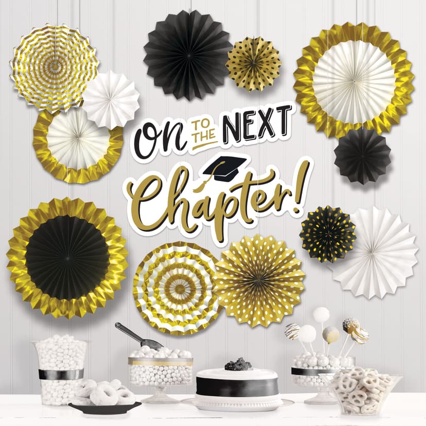 "On to the Next Chapter" Fan Hanging Sign Decorations, Gold/Black/White, 15-in, 14-pk, for Graduation