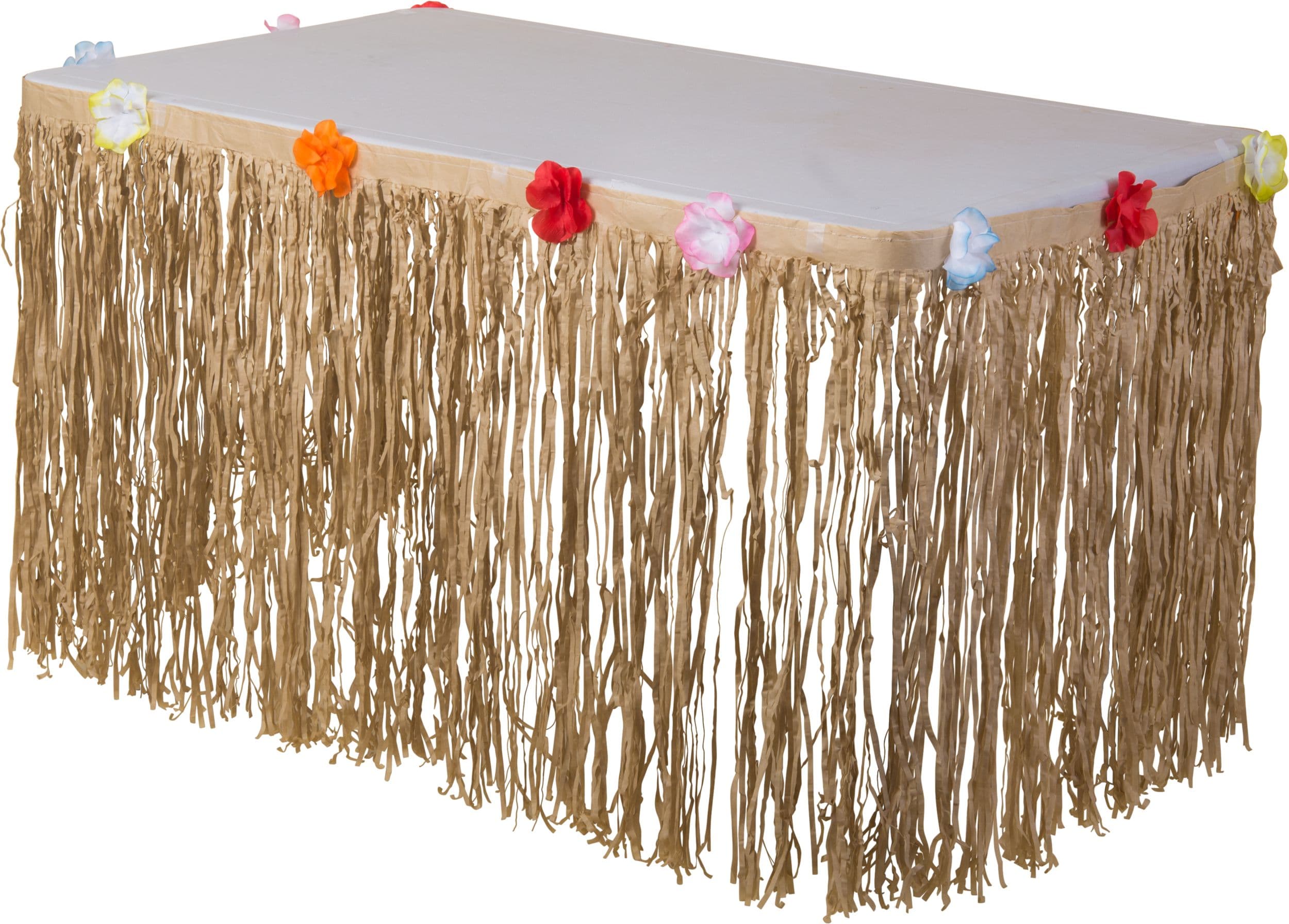 Rectangle Plastic Fringe Grass Reusable Table Skirt, Tan, Floral, 10x29-in, for Summer Party