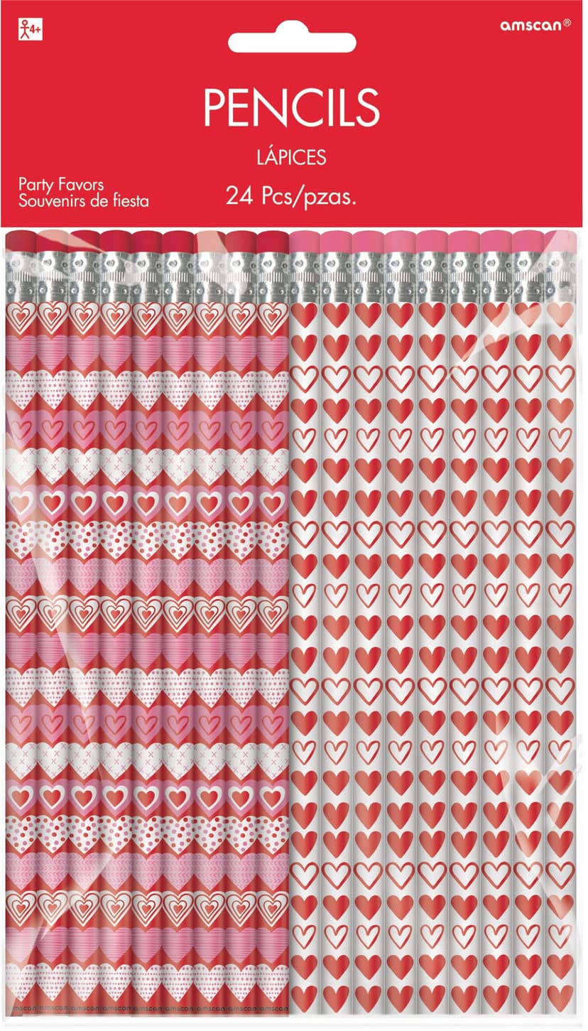Writing Pencils, Red/White, Heart, 24-pk, for Valentine's Day