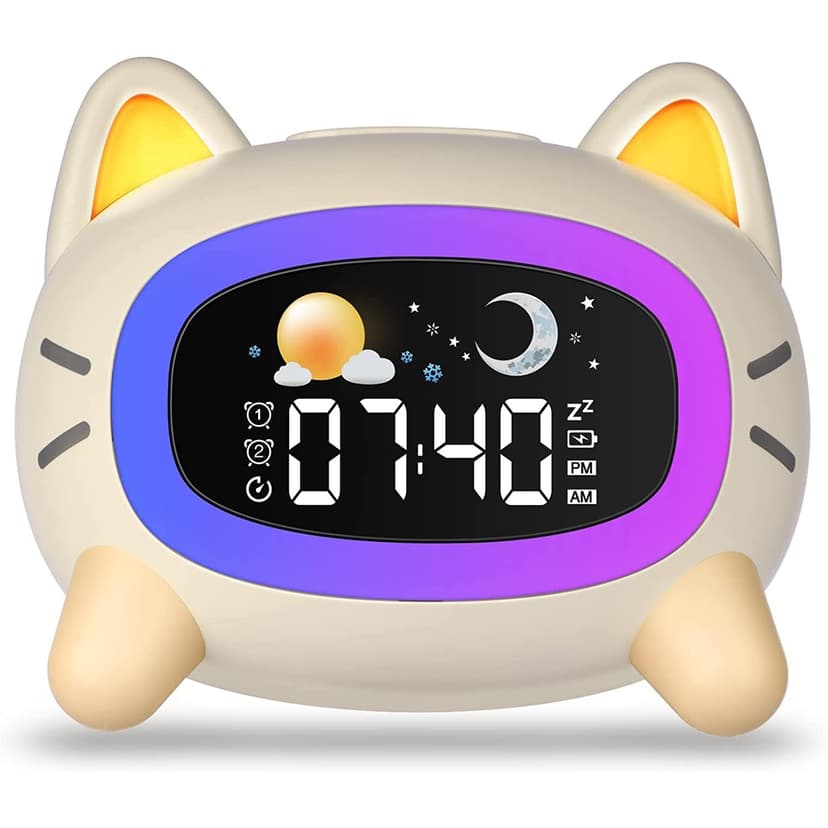 Kids Alarm Clock Rechargeable, Children Sleep Trainer with Sun&Moon Rise - Wake-Up Light & Night Light 4 Levels Adjustable Brightness, 7 Sleep Sounds Machine, and Snooze Function
