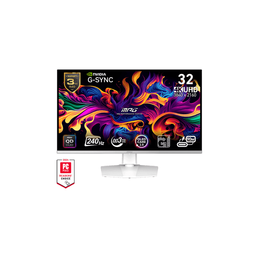 MSI 32" 3840 x 2160 (UHD) 240Hz 0.03ms (GTG) QD-OLED Gaming Monitor, HDR True Black 400, Clear MR13000, Type-C 90W, Height Pivot adjustable - White (MPG 321URXW QD-OLED)