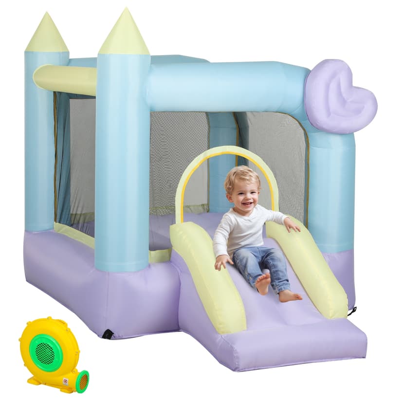 Qaba Inflatable Bounce House with 370W Blower, Bouncy Castle with Slide, Outdoor Indoor Party Wedding Playhouse Bouncer for Kids Ages 3-8, 98" x 65" x 79"