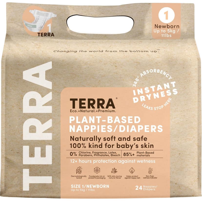 Terra Natural Plant-Based Eco-Friendly Diapers - 24 ct (Size 1, Newborn)