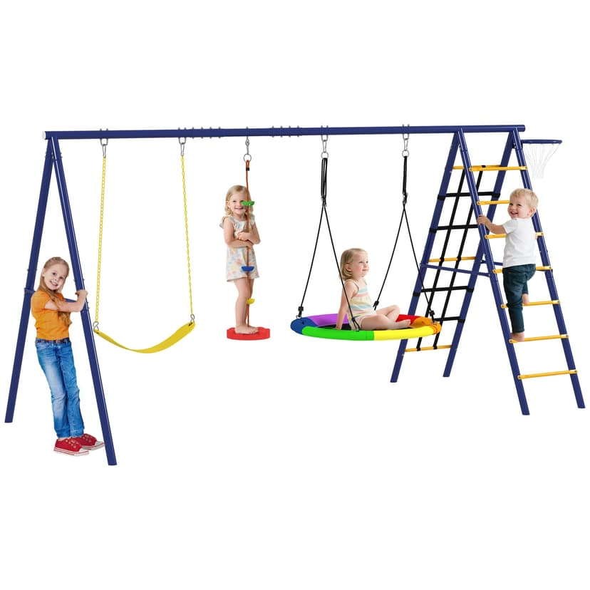 Qaba 6-in-1 Swing Sets for Backyard, 353 lbs Capacity Metal Outdoor Playset with A-Frame, Belt Swing, Saucer Swing, Disc Rope Swing, Climbing Ladder, Basketball Hoop and Net, Multi