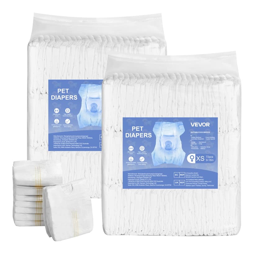 VEVOR 144 Count Disposable Dog Diapers, Super Absorbent Female Dog Diapers, 360° Leak-Proof Female Doggy Pet Diaper with Wetness Indicator for Heat Period- XS, (2 Packs of 72)