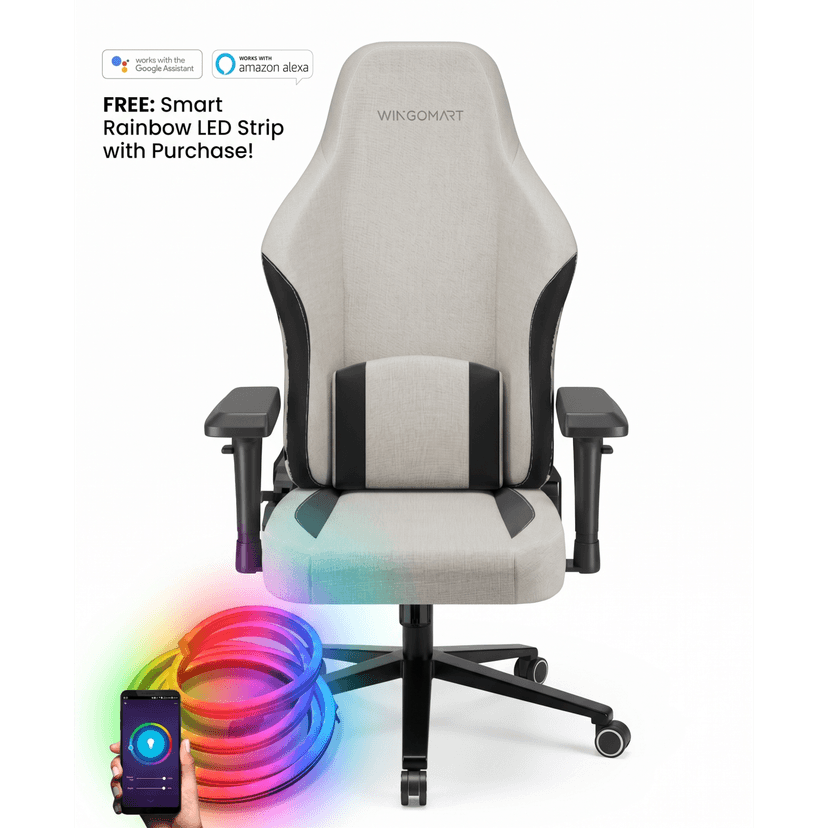 WINGOMART Ergonomic Gaming Chair with Memory Foam Support & 4D Armrests – High-Back 180° Reclining Linen Executive Office Chair w/ Flat Alloy Base w/ a desktop led strip