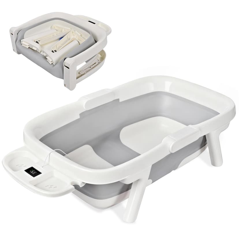 LIVINGbasics Foldable Baby Bath Tub, Large Size Bathtub with Temperature Display for aged 0-48 months, 27.5"L x 15.7"W x 8.5"H