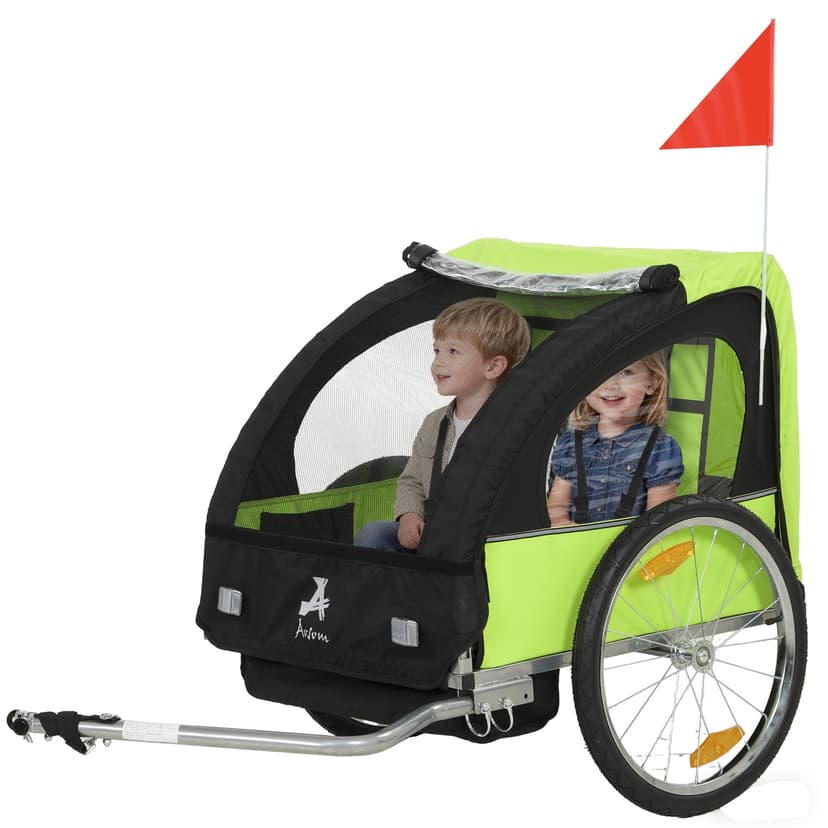 Aosom 2 Seat Bike Trailer for Kids Double Baby Toddler 80lbs Load w/ Steel Frame, 5-Point Safety Belts, Universal Bicycle Connect, Reflectors, Red Flag, Waterproof Cover, Green