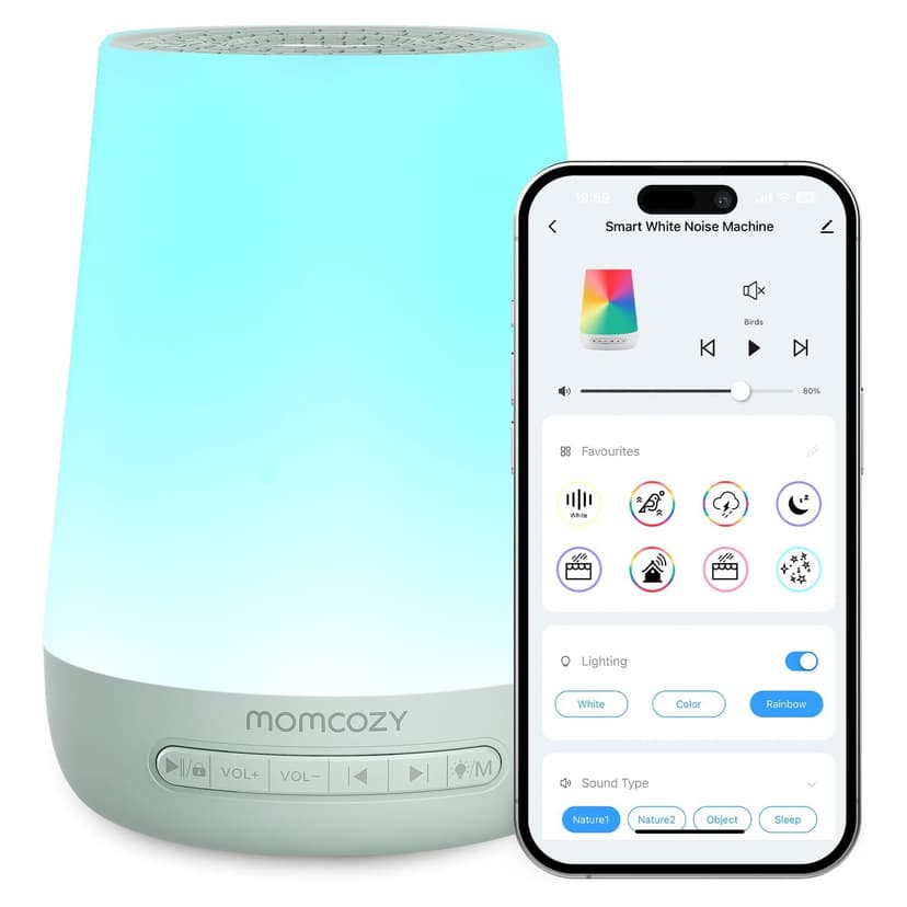 Baby Sound Machine, Momcozy White Noise Machine for Baby Sleeping with Night Light, Toddler Sleep Trainer with 34 Soothing Sounds, Timer, App Remote Control, Personal Sleep Routine