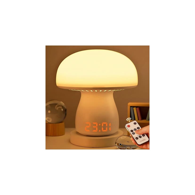 Mushroom Night Light with Clock, Remote & Timer, USB Rechargeable, 3 Color Dimmable Bedside Lamp for Baby Kids Bedroom