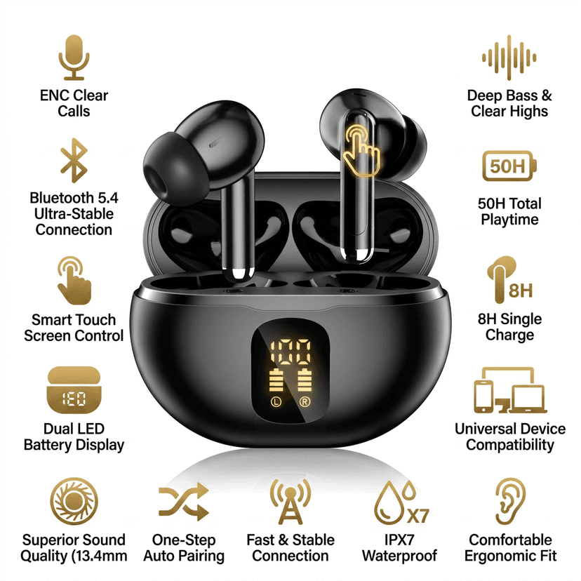 Premium Wireless Earbuds Bluetooth 5.4 – 50H Playtime, Deep Bass Stereo Sound, AI Noise Cancelling Mic, LED Power Display, HD Clear Calls, Ear Buds for Phone & Laptop – Black