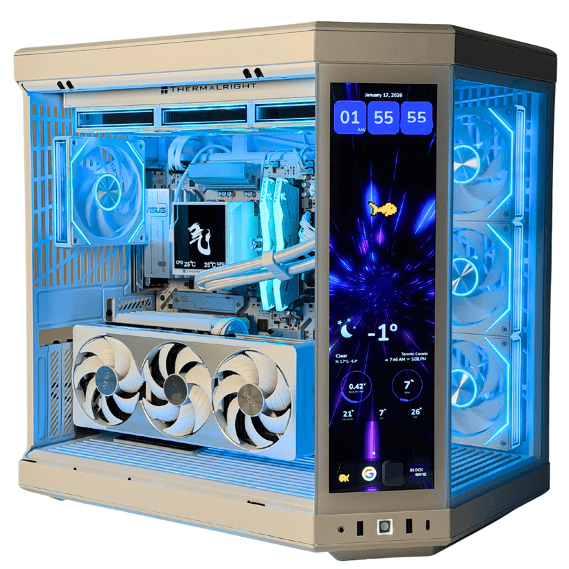Qi Tech Glacial Infinite Elite Gaming PC - RTX 5080, Ryzen 7 9800X3D, 32GB RAM, 1TB SSD - Hyte Y70 Touch Infinite Case with 360mm LCD Liquid Cooling - White