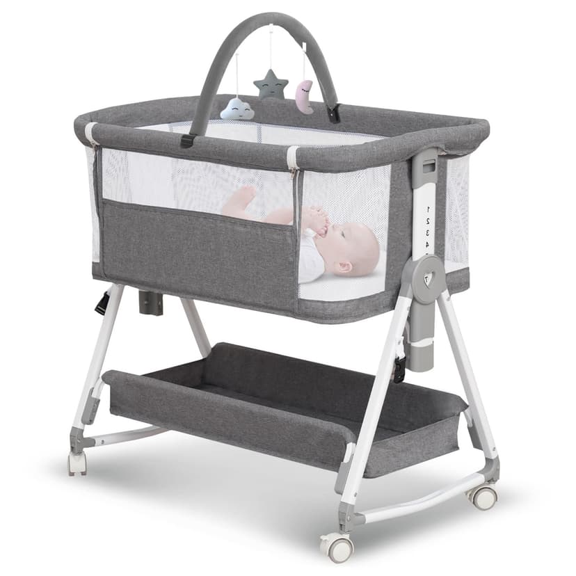 Baby Bassinet, 3 in 1 Bedside Bassinet for Baby with Hanging Toys, Portable Foldable Bedside Sleeper 4-Sided Mesh Bedside Crib with Wheels and Storage Basket, 7 Height Adjustable (