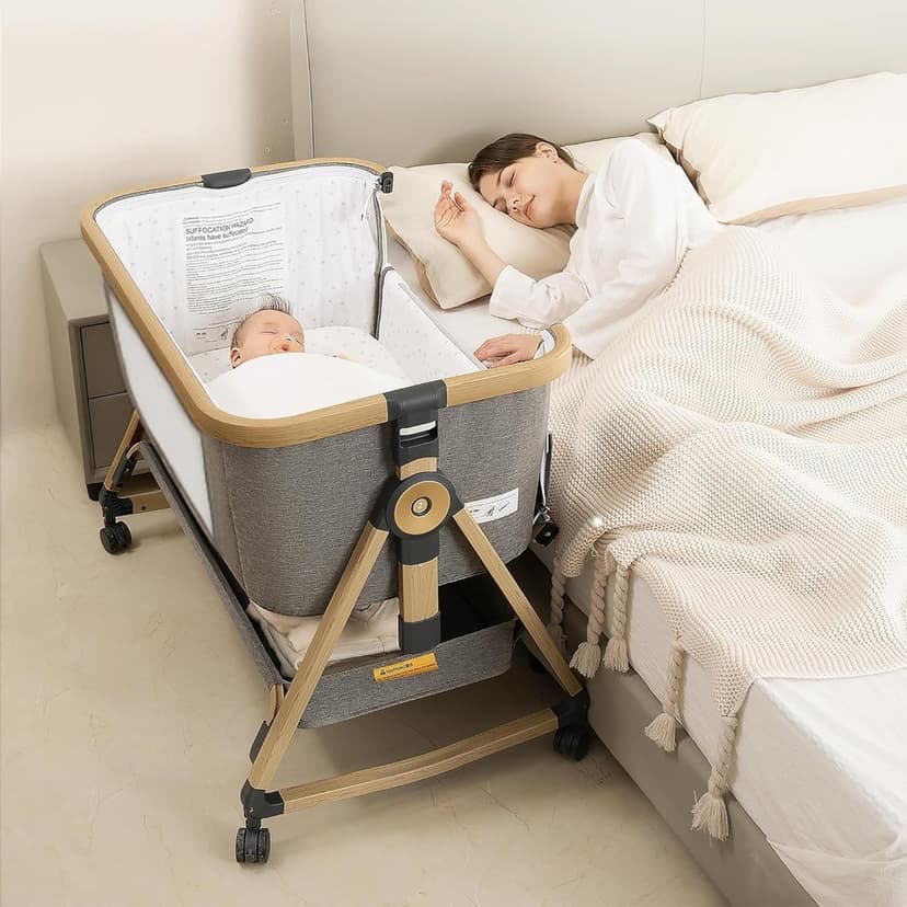 3-in-1 Baby Bassinet Bedside Crib, 6-Height Adjustable Bedside Sleeper with Airflow Mesh, Storage Basket & Lockable Castors, Upgraded Trapezoidal Cradle for Newborns