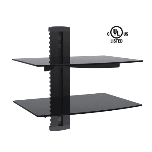 GlobalTone Double Floating Media DVD shelves for receiver, cable box and more, Black Tempered Glass