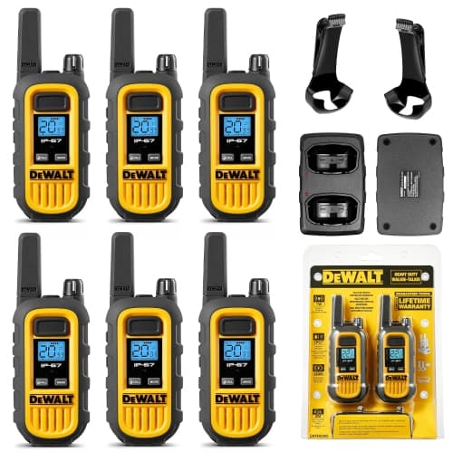 6 × DeWalt DXFRS300 Worksite Walkie Talkies – 1W Heavy-Duty Rechargeable Two-Way Radios with VOX, 22 Channels, Waterproof, Shock Resistant, Long-Range – 6-Pack with Charging Dock