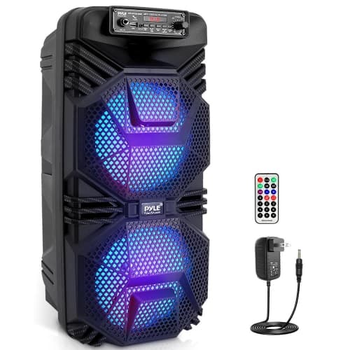 Portable Bluetooth PA Speaker System 600W Rechargeable Outdoor Bluetooth Speaker Portable PA System w/ Dual 8 Subwoofer 1 Tweeter, Microphone In, Party Lights, USB, Radio, Remote P