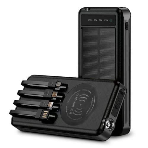 Alpha Digital Outdoor Power Bank-10,000mAh Battery- w/ Solar, Wireless Charging, Built-in Cables, IP65Water/Dust Proof - Black
