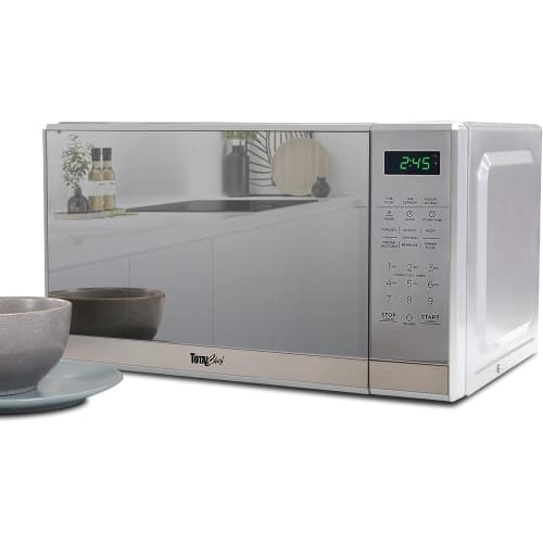 Total Chef Compact Countertop Microwave Oven, 700W, 0.7 Cubic Feet Capacity, Digital Touchscreen Controls, One-Touch Push-Button Opening, 6 Pre-Set Cooking Modes, Silver Stainless